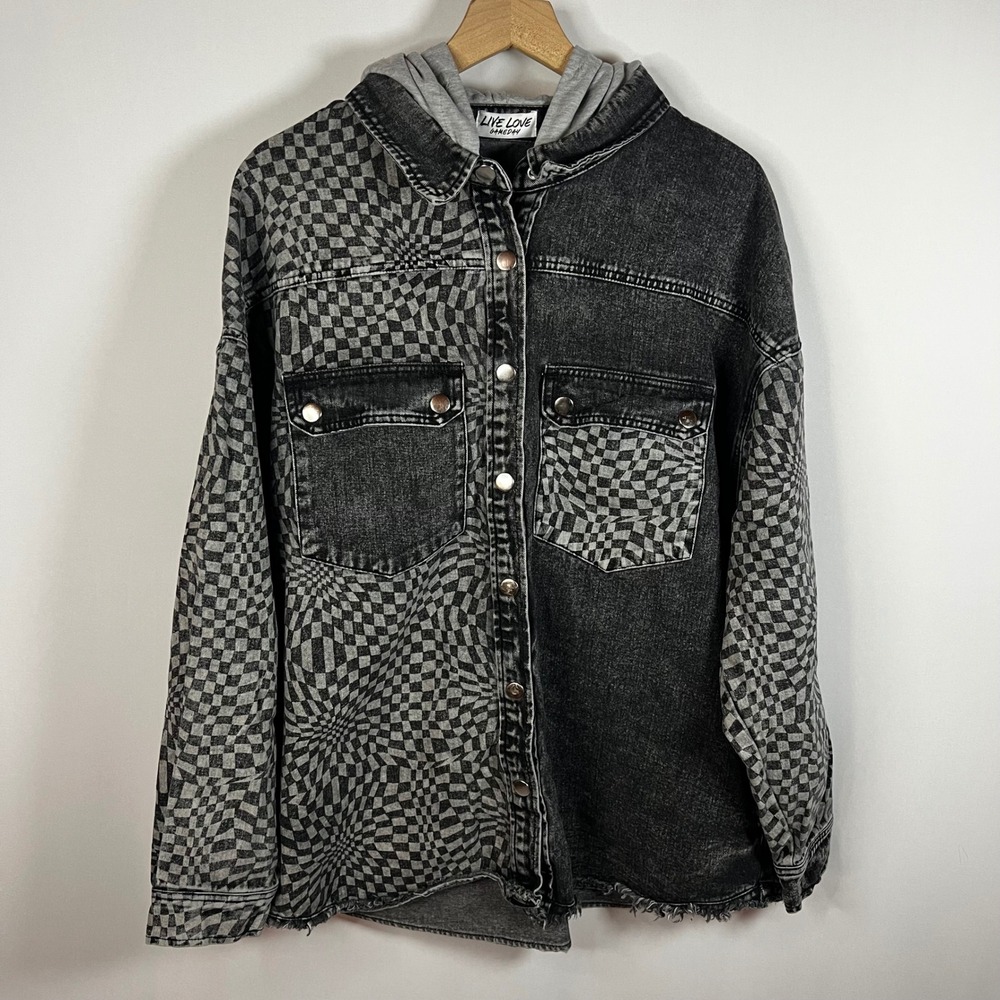 Live Love Gameday Jacket Women XL Denim Mixed Media Hooded Snap Button Down‎